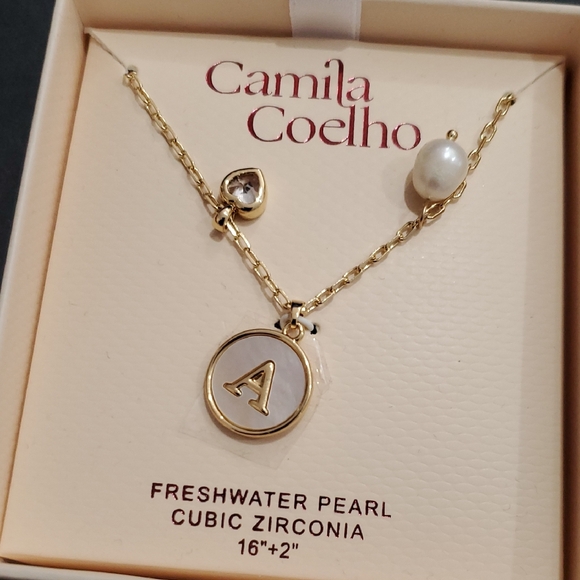 Camila Coelho gold plated freshwater pearl cubic zirconia 16" A initial necklace - Picture 2 of 5